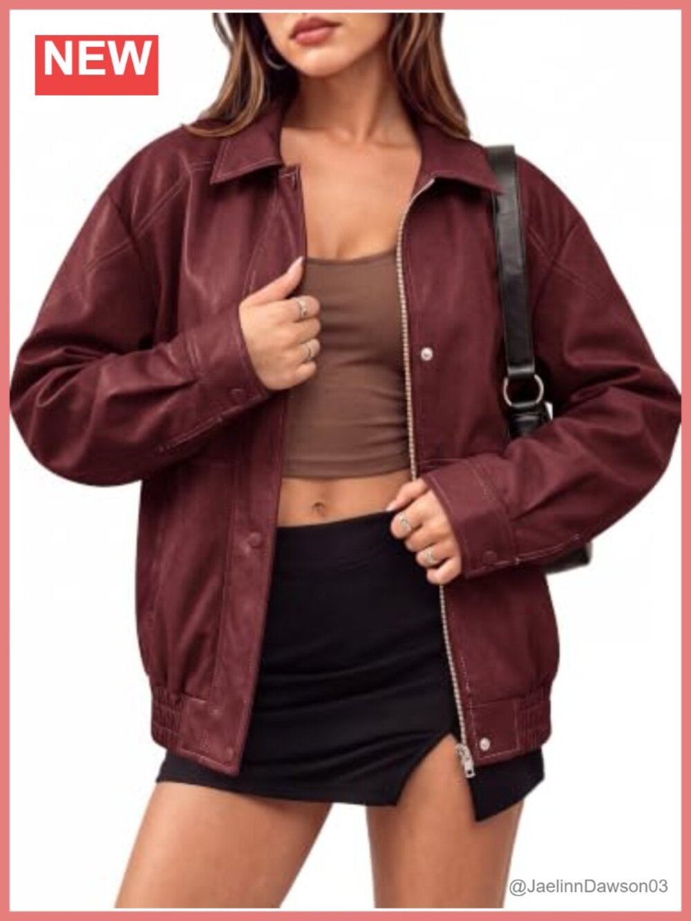 Oversized Distressed Textured Faux Leather Bomber Jacket Batwing Sleeve